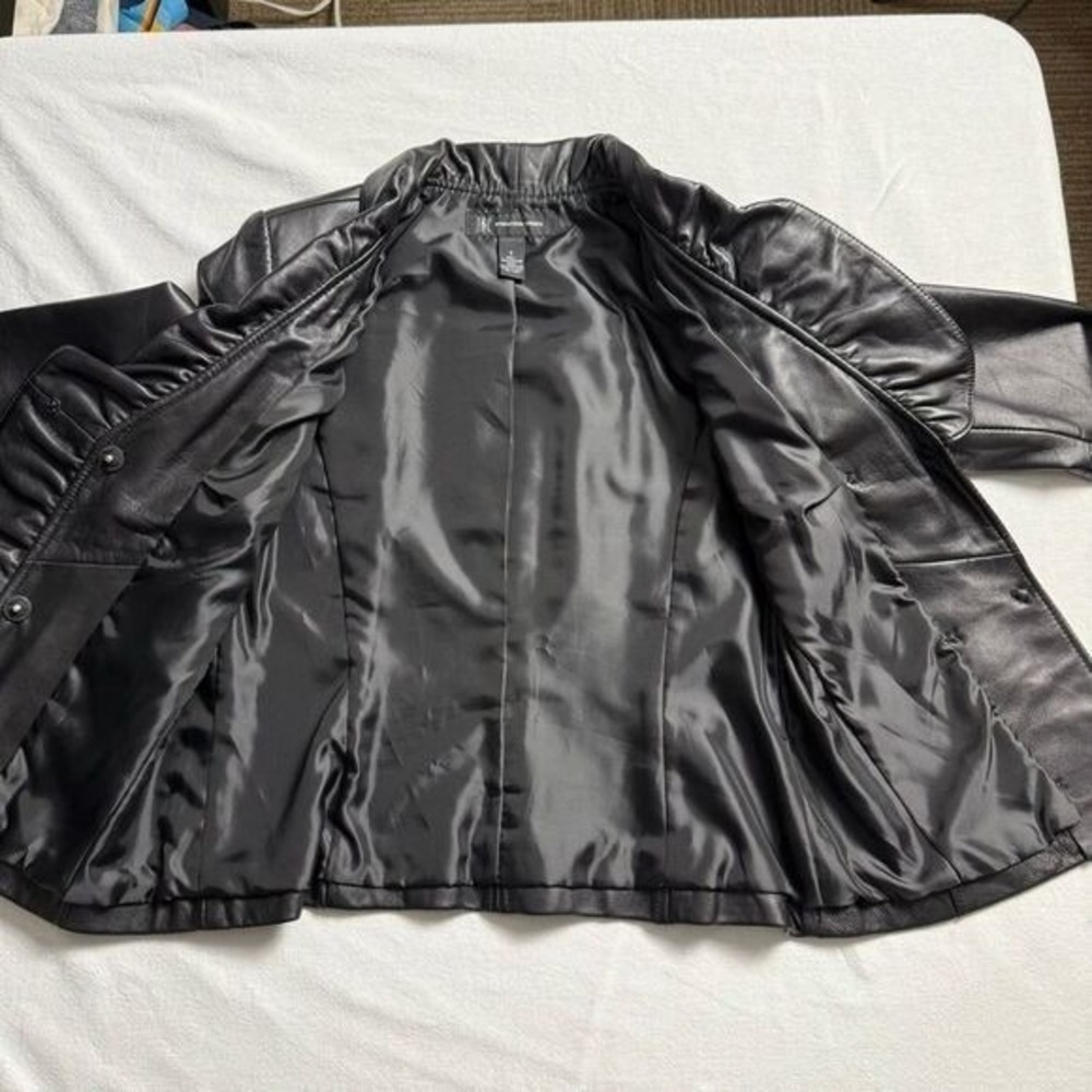 INC International Concepts Black‎ Leather Ruffle Jacket Women S Moto Chic - Picture 12 of 14